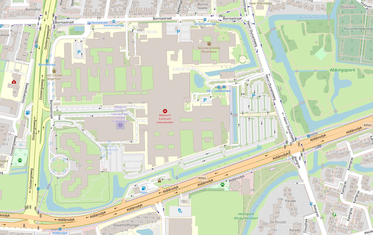 Plattegrond van de MCL-campus in Leeuwarden (2023)  Bron: © OpenStreetMap